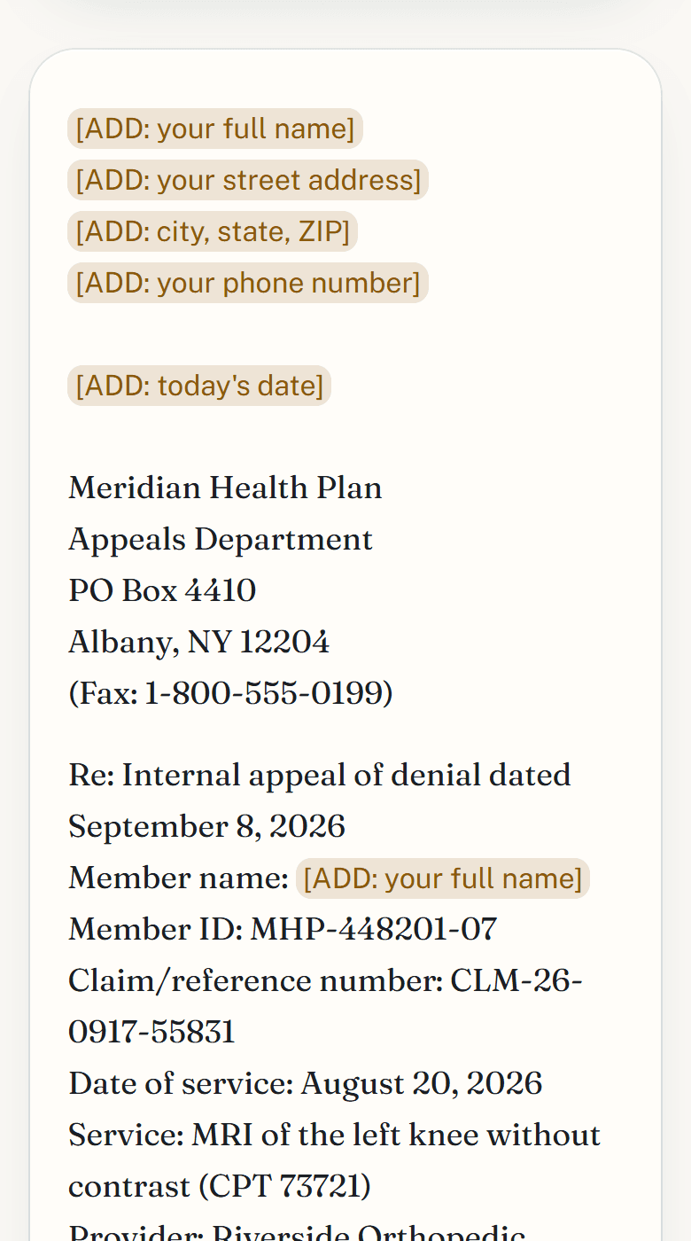 Letter screen for the MRI denial: the draft appeal with highlighted blanks to fill in