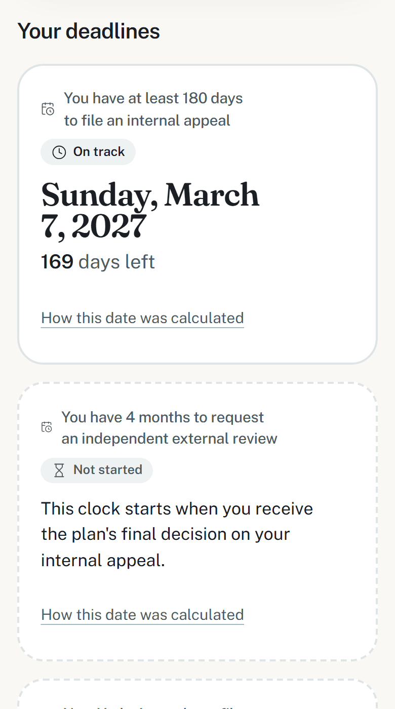 Rights screen for the MRI denial: the 180-day internal appeal deadline and the first rule that applies, with its source
